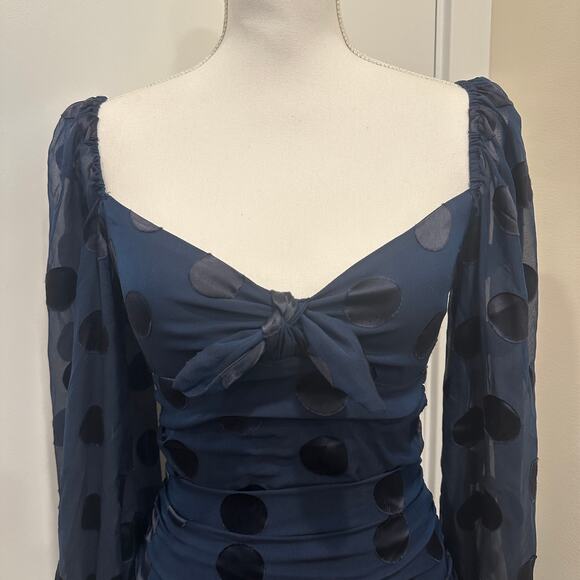 For Love & Lemons Lula Mini Dress Navy Polka Dot Ruched Chiffon Silk Party XS - Picture 4 of 10